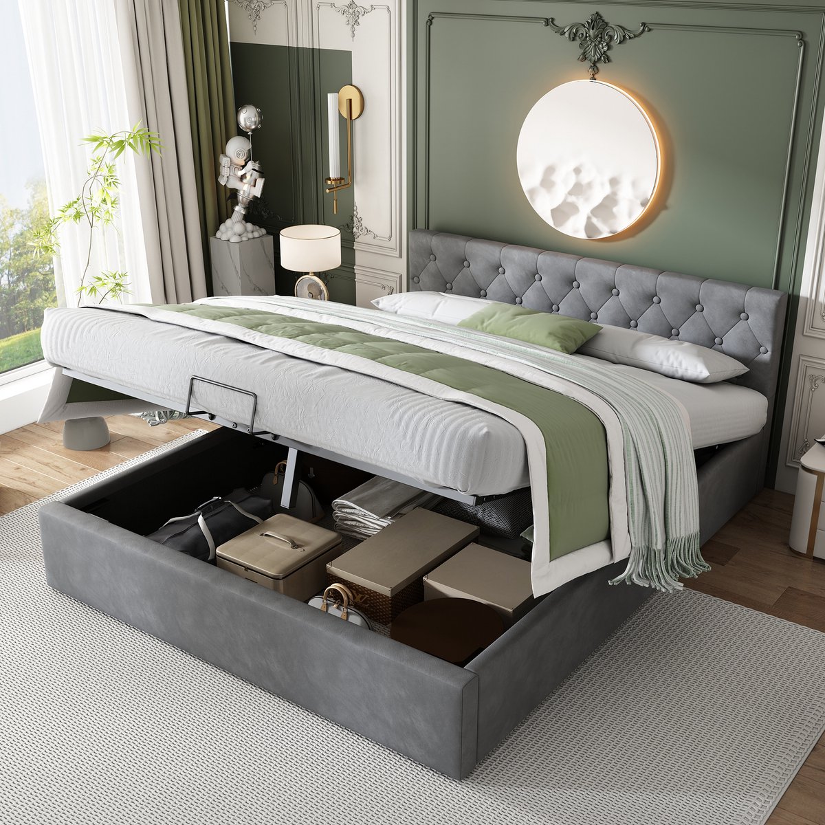Wishdor Gestoffeerd Opbergbed 140x200 cm - Geknoopt Hoofdbord - Hydraulische Lift - Grijs Fluweel - Luxe & Ruim