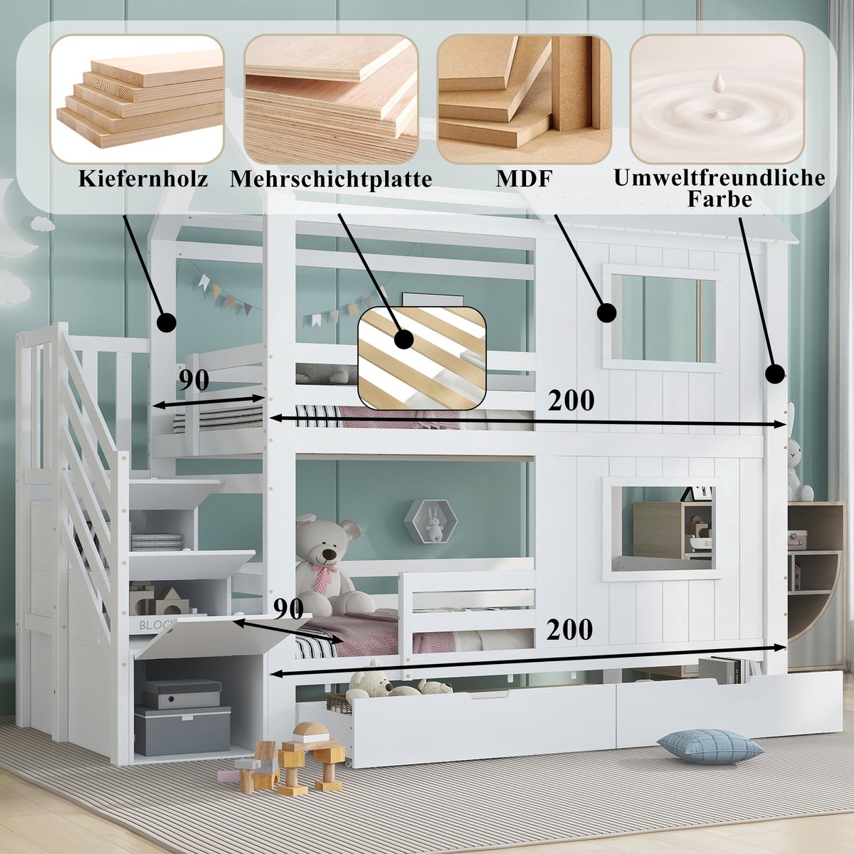 Wishdor Stapelbed 90x200 cm - Trapkast & Opberglade - Dak & Ramen - Wit Hout - Sprookjesachtig & Compleet