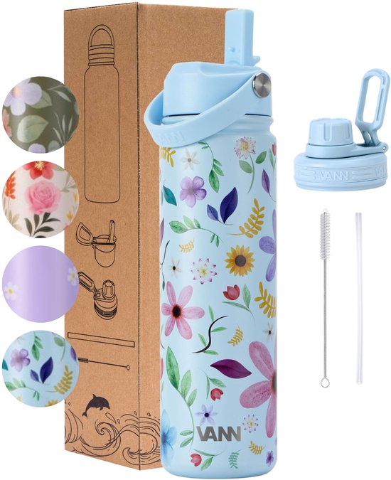 VANN® 3-Wandige RVS Drinkfles 650 ML met rietje voor volwassenen – Met 2 doppen – Thermosfles – 12 uur warm/24 uur koud – Bloemen fles – VANN FLOWER BOTTLE