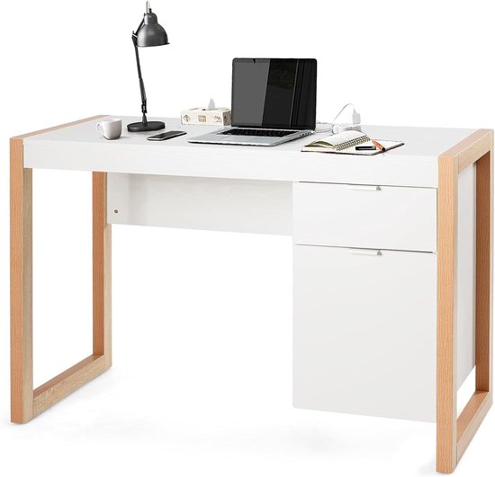 COSTWAY Bureau met lade en kast, kleine computertafel van hout, kinderbureau, pc-tafel, kantoortafel voor kantoor, werkkamer, wit, 112 x 50 x 75 cm