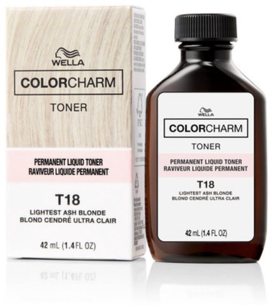 Wella Color Charm T18 Lightest Ash Blonde toner liquide permanent en flacon et boîte.