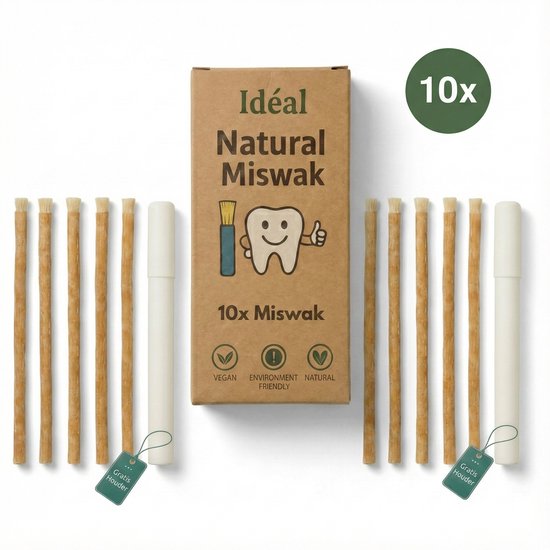 10 natuurlijke miswak tandenborstels van Ideaal, met gratis houders en 10x miswak vermeld op de verpakking.