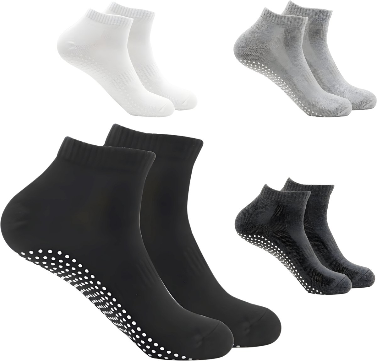 Somstyle Antislip Yoga Sokken Set - 4 Paar - Maat 38-43 - Enkelsokken voor Pilates - Sportsokken - Donkergrijs, Grijs, Zwart & Wit