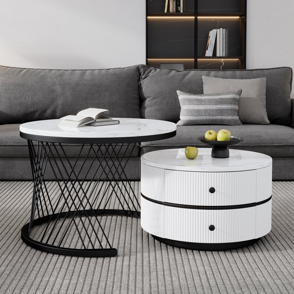 REDOM Luxe Ronde Salontafelset (2-delig) - Nesting Tables Wit Marmer-Look met 2 Lades & Metalen Onderstel