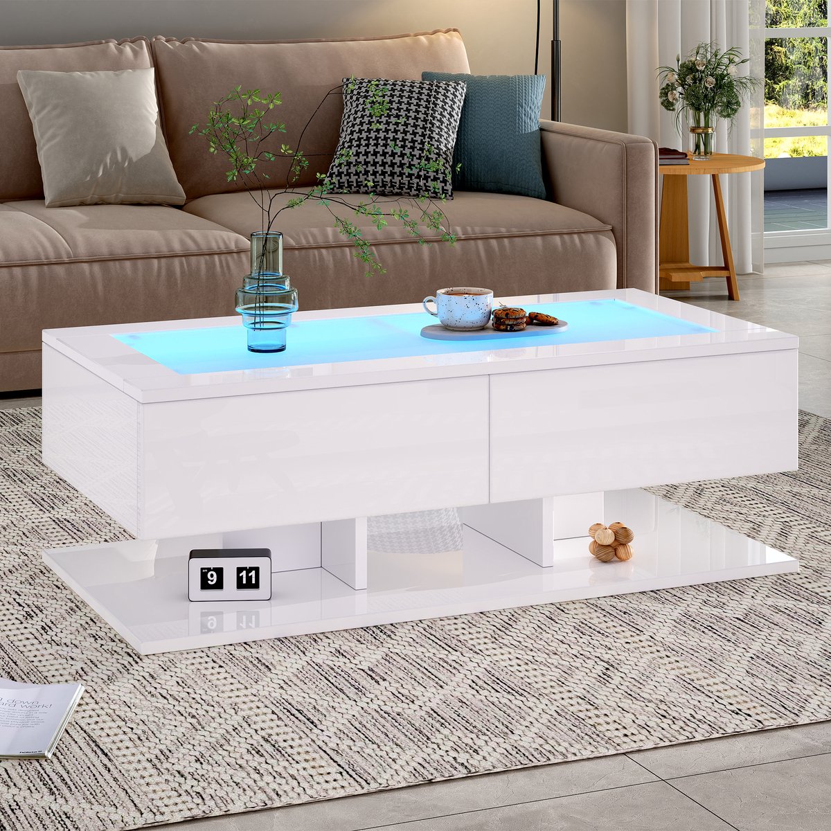 REDOM Salontafel 100×50×35 cm hoogglans wit · gehard glas blad · 2 laden · LED met app-/Bluetooth‑sturing · draagvermogen 45kg