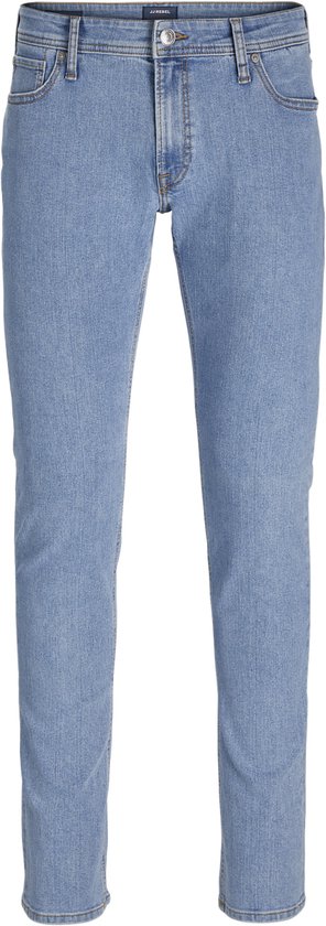 Een lichte blauwe jeans, de voorkant van de broek. Een casual stijl.