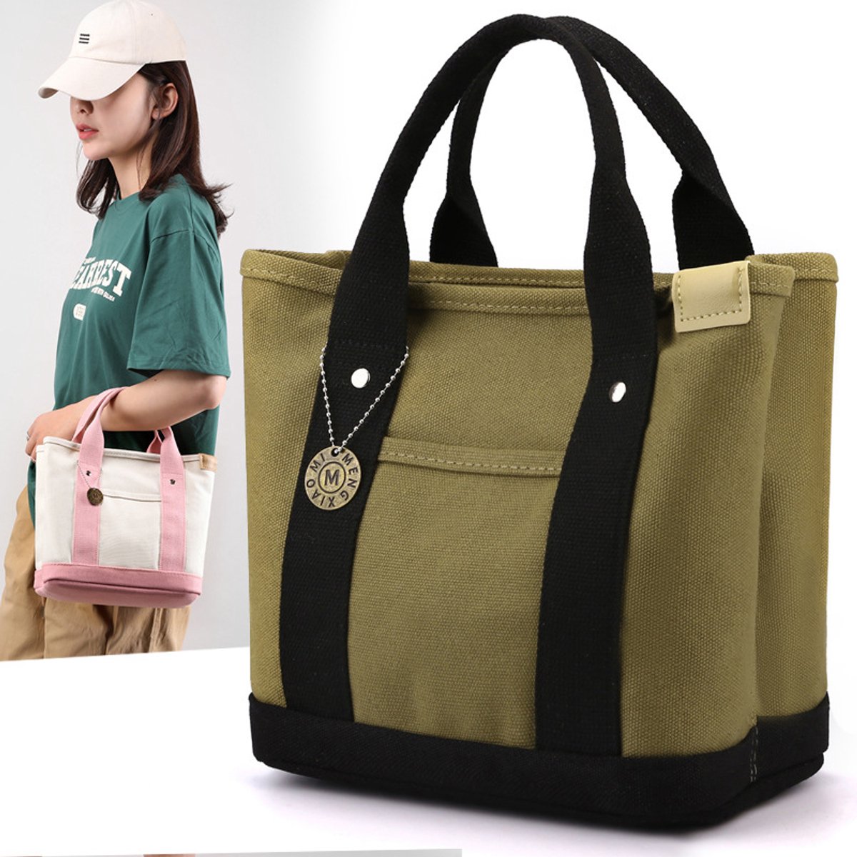 Draagbare, grote canvas tas voor casual lunchboxen met meerdere compartimenten (groen)