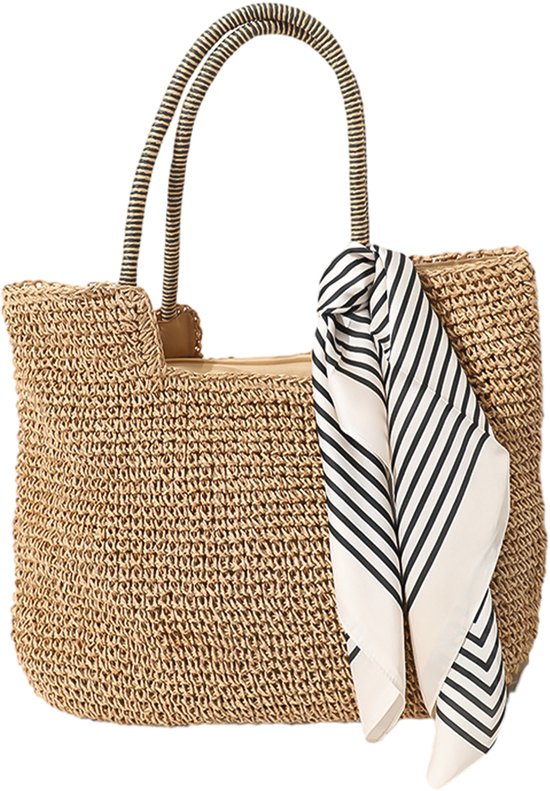 Gigicial Rieten Tote Bag - Handgeweven Rieten Zomertas met Grote Capaciteit voor Strand en Dagelijks Gebruik - 1 stuk - Sjaal niet inbegrepen - Bruin