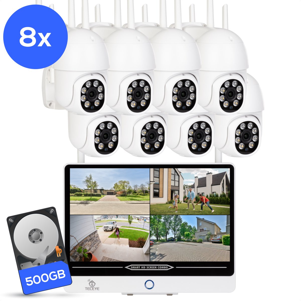 Teceye PTZ Beveiligingscamera Buiten met Monitor - Draadloze Buitencamera - 8 Camera's - 500GB Opslag