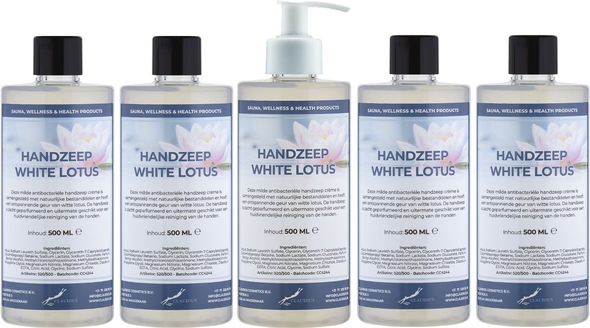 Handzeep White Lotus 500 ml - set van 5 stuks - met gratis pomp - Voordeelverpakking