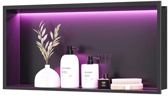 Neohomee Wandnis douche roestvrij staal met RGB LED-licht, geïntegreerde douchebak enkele plank opslag met afstandsbediening voor badkamer, 45 x 30 cm