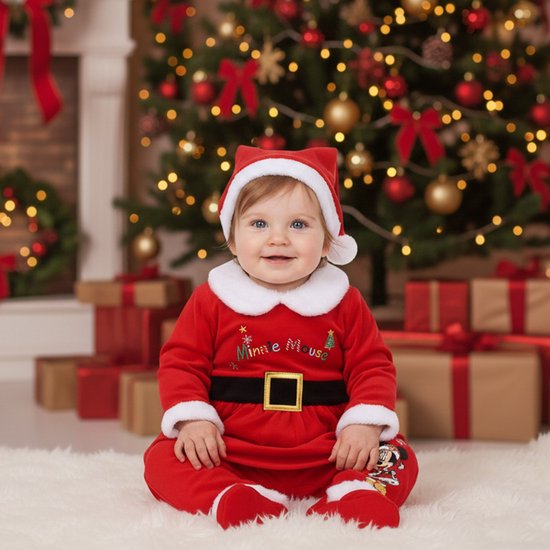 Baby in kerstmanpakje van Minnie Mouse, zittend voor een kerstboom.
