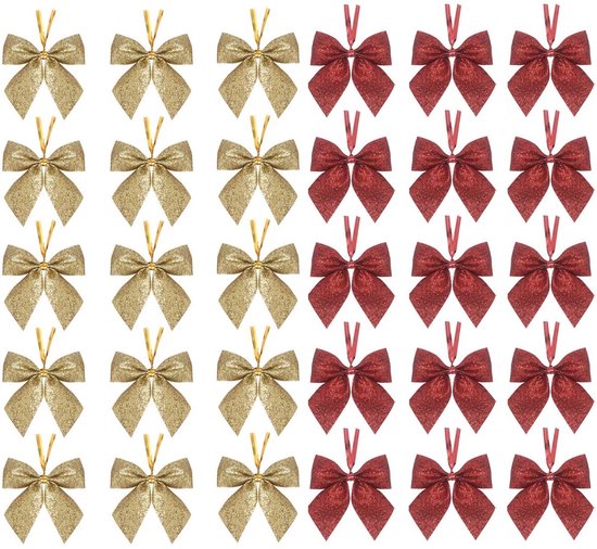 Een raster van gouden en rode strikken, elk met glitter en een goudkleurig lintje.