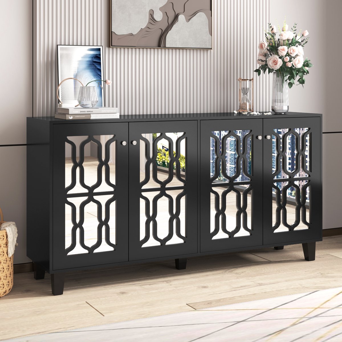 Wishdor Dressoir - 4 Deuren - 2 Verstelbare Legplanken - Spiegeloppervlak - MDF - Zwart - 160 X 40 X 84 Cm Black