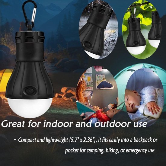 4 stuks - Draagbare LED-tentlamp - Waterdichte kampeerlamp - Noodverlichting met karabijnhaak - Met haak - Op batterijen - ABS-materiaal - Geschikt voor wandelen, feesten, kamperen, vissen - Zwart — afbeelding 5