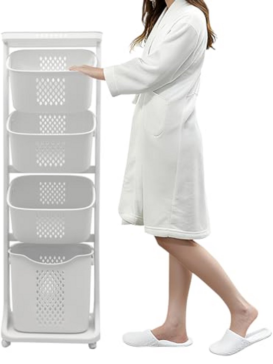4-Lagen Wasmand Sorteerder met Wielen - Ideale Opslagoplossing voor Vuile Kleding