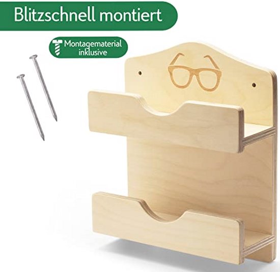 Houten brillenhouder voor aan de muur met twee legplanken en een bril-icoon. Inclusief twee spijkers en montagehandleiding.