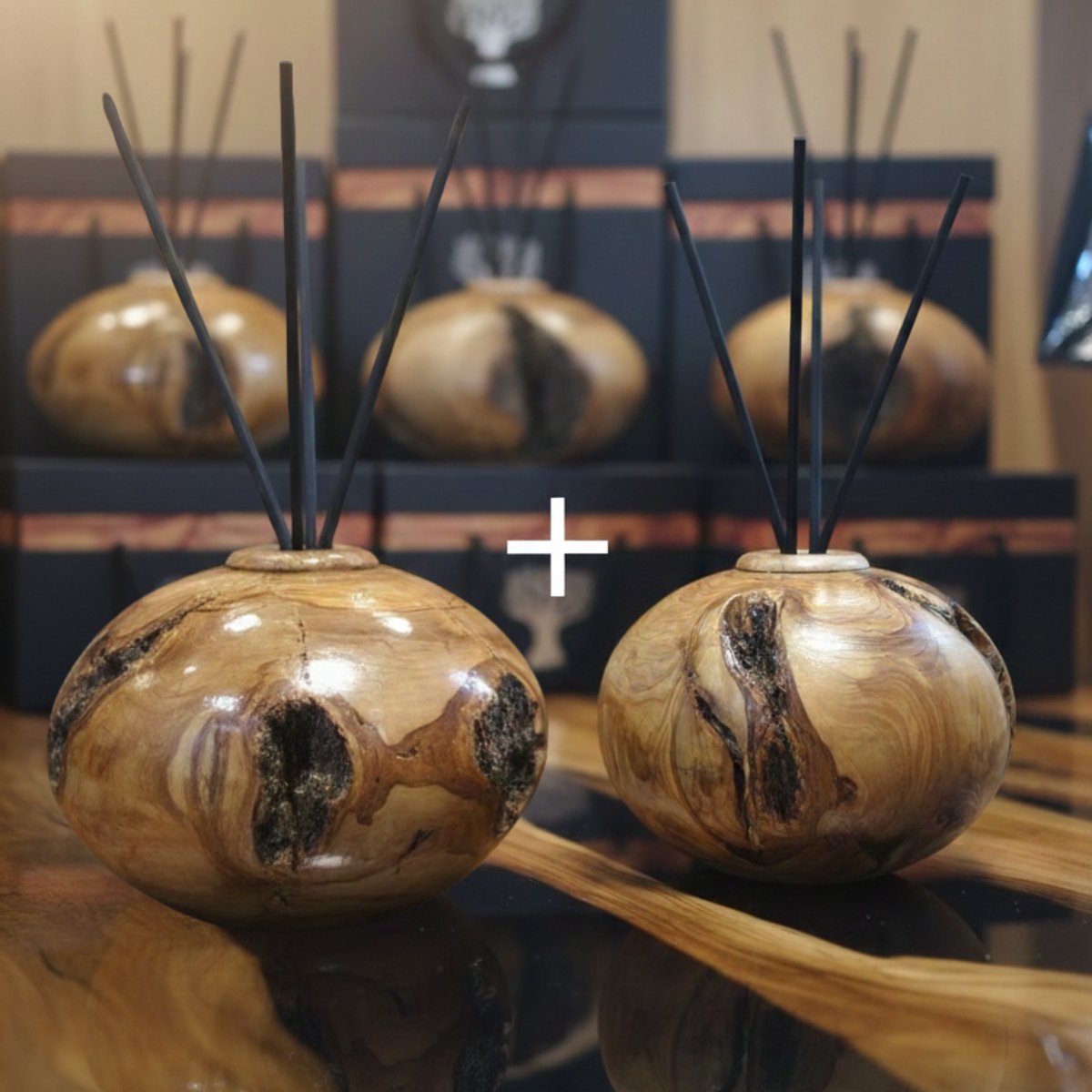 WoodsArt Kamergeurverspreider Handgemaakt Massief Olijfhout Incl. Geurstokjes Combi ⌀12cm + ⌀16cm exclusiever dan geurhouders van bv Rituals