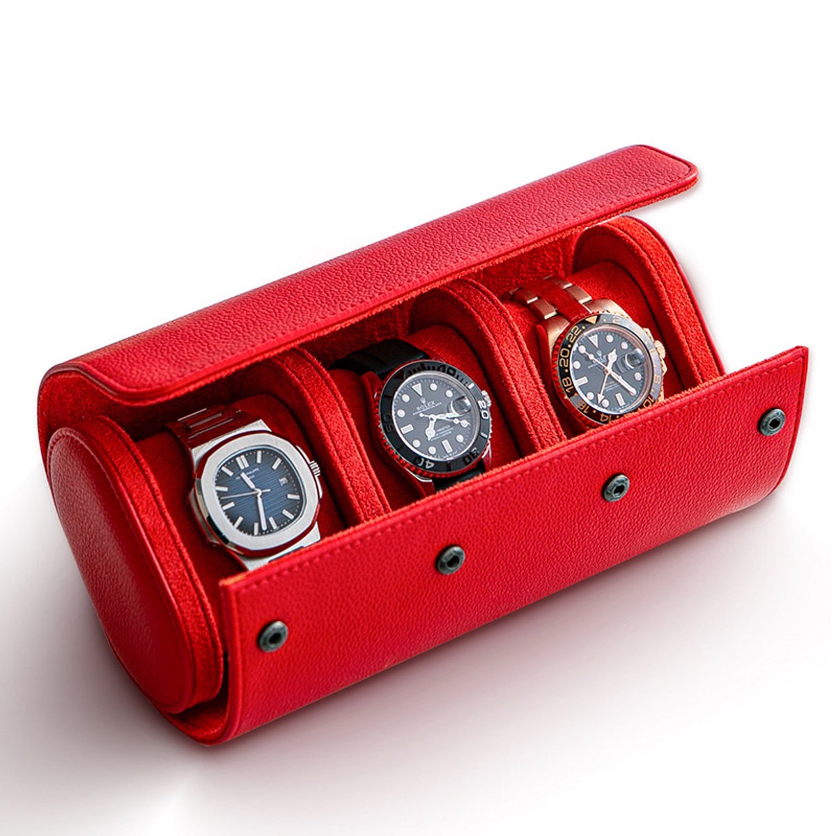 Horloge opbergdoos - Draagbare leren horloge organizer - Horloge reis organizer - Horloge rol - 3 horloge vakken - Unisex - Met uitneembare vulling - Geschikt voor het opbergen en tonen van horloges - Rood