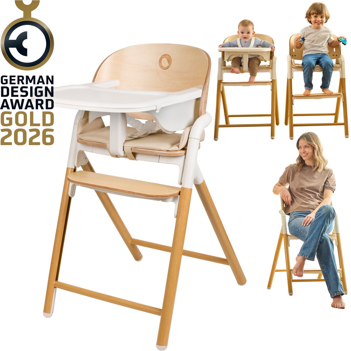 Lionelo Celia 3-in-1 Houten Kinderstoel – Van Baby tot Volwassene – Verstelbare Zitting & Voetsteun – 5-punts Gordel – Eco-leer Bekleding – Inclusief BabySet & Eetblad – Draagvermogen tot 110 kg