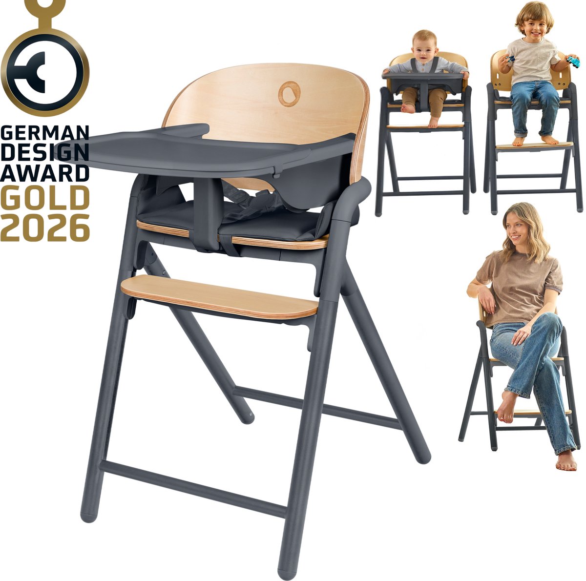Lionelo Celia 3-in-1 Houten Kinderstoel – Van Baby tot Volwassene – Verstelbare Zitting & Voetsteun – 5-punts Gordel – Eco-leer Bekleding – Inclusief BabySet & Eetblad – Draagvermogen tot 110 kg
