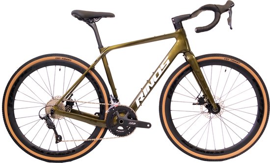 Groene Rinos carbon gravelbike van voren, met bruine banden, witte achtergrond.