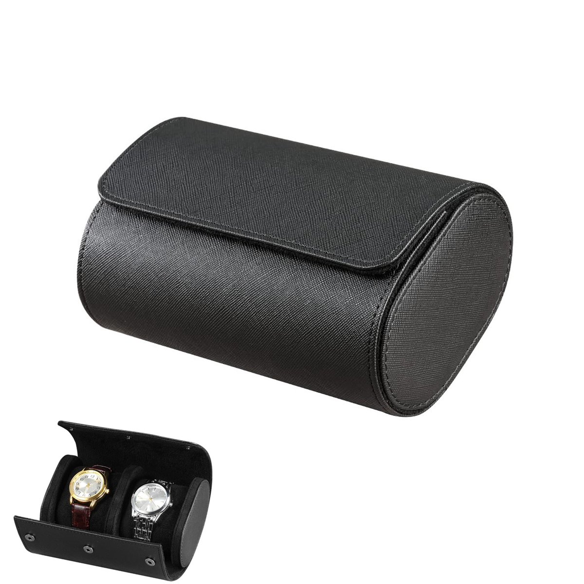 Horloge opbergdoos - Draagbare leren horloge organizer - Horloge reis organizer - Horloge rol - 2 horloge vakken - Unisex - Met uitneembare vulling - Geschikt voor het opbergen en tonen van horloges - Zwart