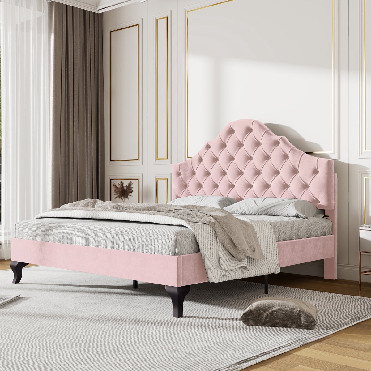 REDOM bedframe 140x200 cm – Fluweel roze – Verstelbaar hoofdbord – Knoopgestoffeerd – 12 latten – 300 kg
