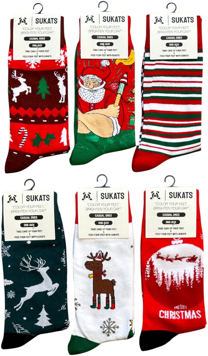 Sukats® The Casual Ones - 6 Paar - Maat 38-44 - Kerstsokken - One-Size - Dames en Herensokken - Set C - Happy Colorful Socks - Grappige Sokken - Vrolijke Sokken - Cadeausokken