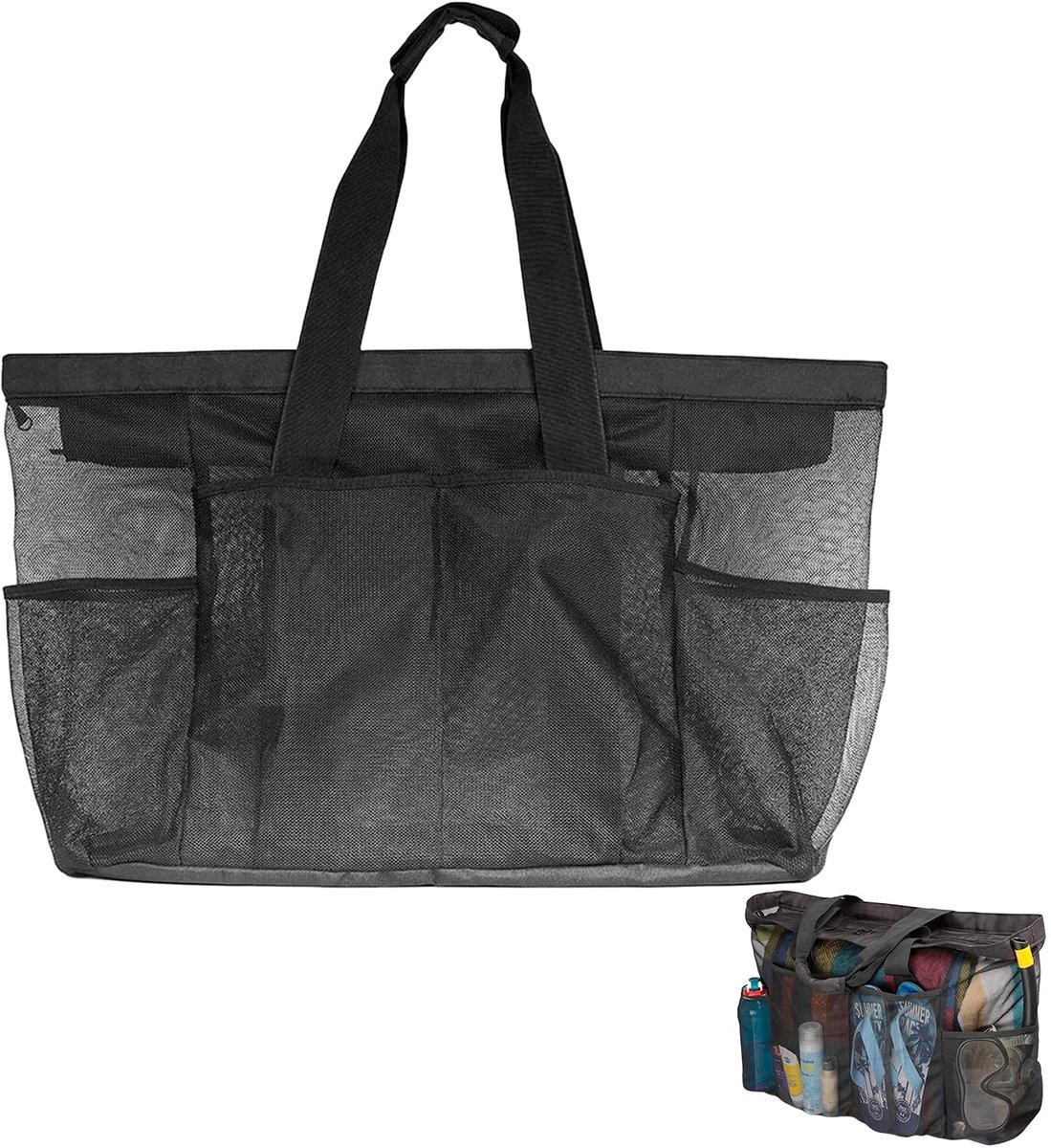 Mesh XXL Familie Strandtas met Ritssluiting - Grote Waterdichte Badtas voor Strand, Reizen, Zwembad, Sportschool, Zwart