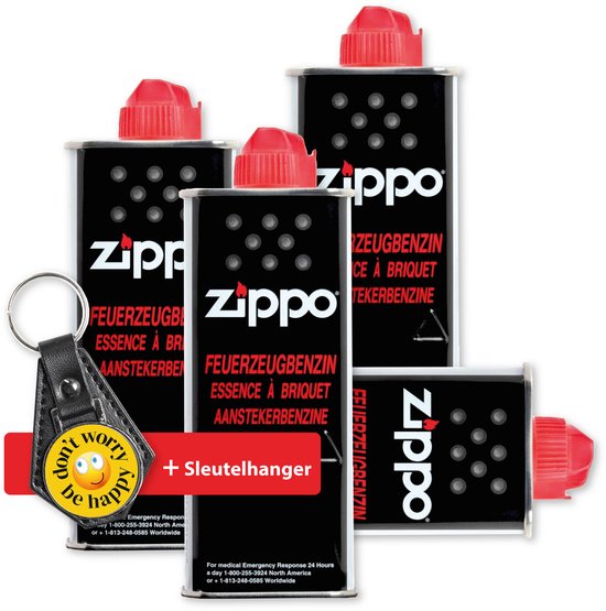 Briquet Zippo à essence - Liquide - Combustion propre - 4 x 125 ml - Fermeture de sécurité enfant - Porte-clés inclus