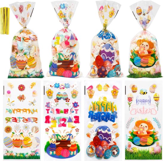 FullJoyHut Pasen Trekkoord Gift Bags Set, 45 stuks traktatie zakken Multipack, Party Bags Plastic Goodie Bag voor Geschenken, Treats, Egg Hunts en Verjaardagsfeest