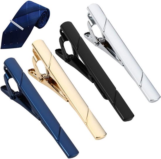 Vier dasspelden in zilver, zwart, goud en blauw met een gestreepte das.
