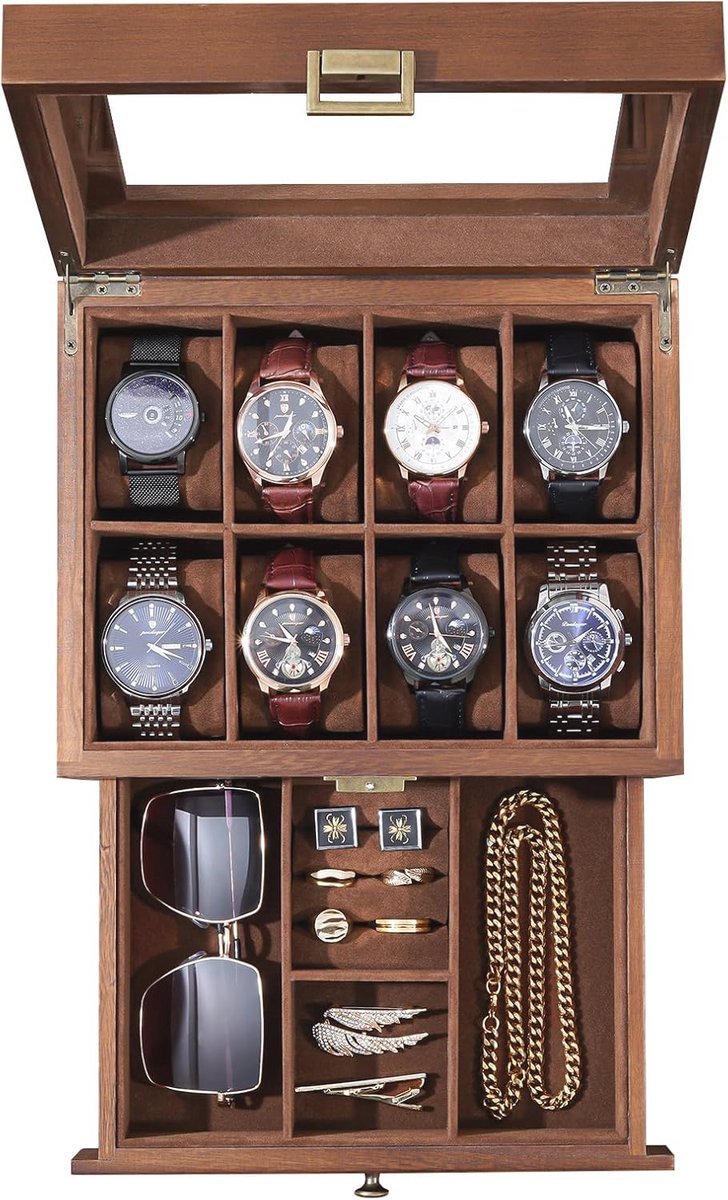 Houten Horlogebox met 8 Compartimenten - Horlogebox met Glazen Deksel voor Sieraden en Accessoires
