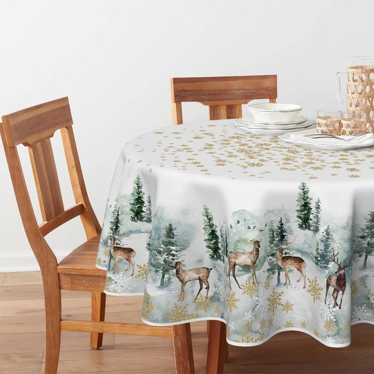 Gouden Sneeuwvlokken Bomen Herten Kerst Tafelkleed Ronde 140 cm