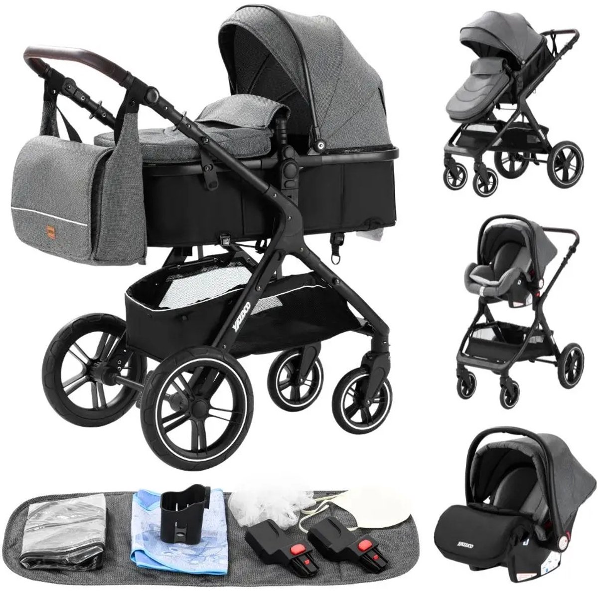 Luxe 3-in-1 Kinderwagen Grijs met Reiswieg en Autostoel - Luxe - €180,95