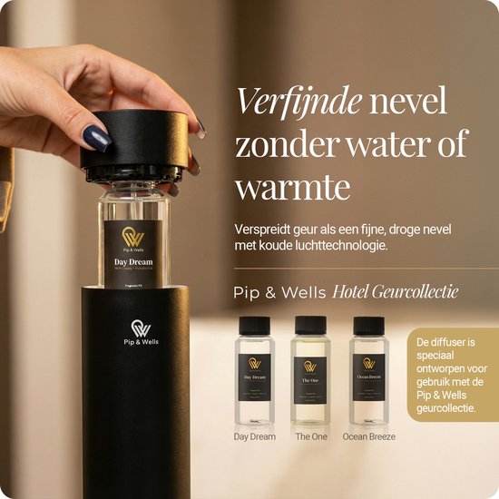 Pip & Wells® Pure One Aroma Diffuser - Waterloze Geurverspreider met 3 Hotelgeuren - Tot 100 m2 - Etherische Olie 360ml - Mat Zwart - Incl. Afstandsbediening & Oplader