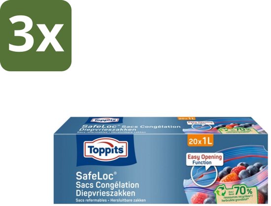 Toppits – Safeloc Sacs de congélation – 1 Litre – 20 Sachets - Emballage Bulk - 3 pièces