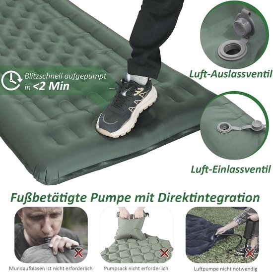 Zelfopblazende Campingmat 12 cm - Luchtmatras met Voetpomp, Kussen, Waterdicht en Ultrakneed van Merkloos — afbeelding 3