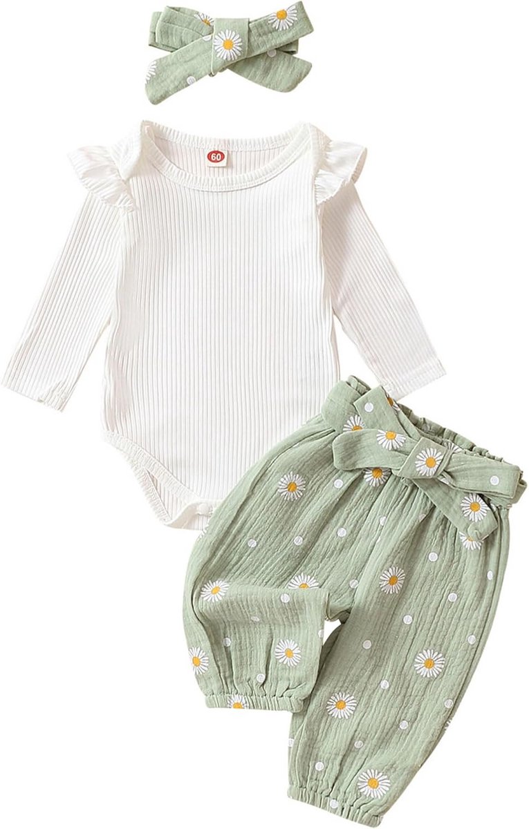 Schattige 3-delige Babyset Meisjes Lange Mouwen Romper Broek en Strik voor Herfst Winter