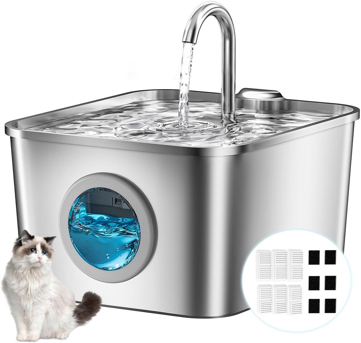 Balimo® Premium Drinkfontein Kat en Hond - RVS - 2.6 L Waterfontein - Waterdispenser - LED - Kattenfontein - Incl 6 filters en cleaning tool - 6 sponzen - Fluisterstil