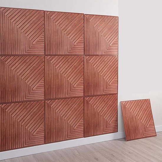 Panneaux muraux 3D autocollants en bois - Revêtement mural en bois - Autocollants - Panneaux muraux 3D pour décoration murale - Panneau acoustique décoratif - 30x30 cm (Rouge brique)