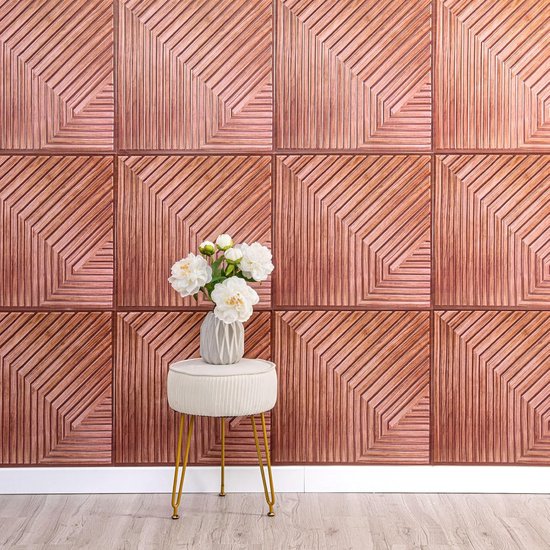 Panneaux muraux 3D autocollants en bois - Revêtement mural en bois - Autocollants - Panneaux muraux 3D pour décoration murale - Panneau acoustique décoratif - 30x30 cm (Rouge brique)