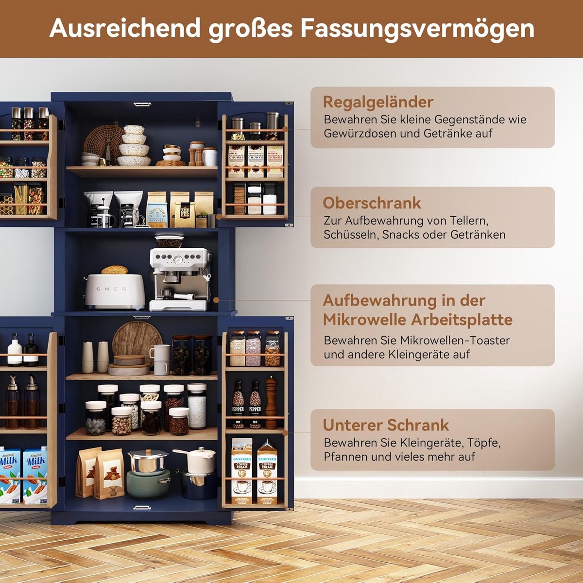 Keukenkast met Werkblad en Hoge Kast voor Eetkamer en Woonkamer - Buffetkast in Blauw