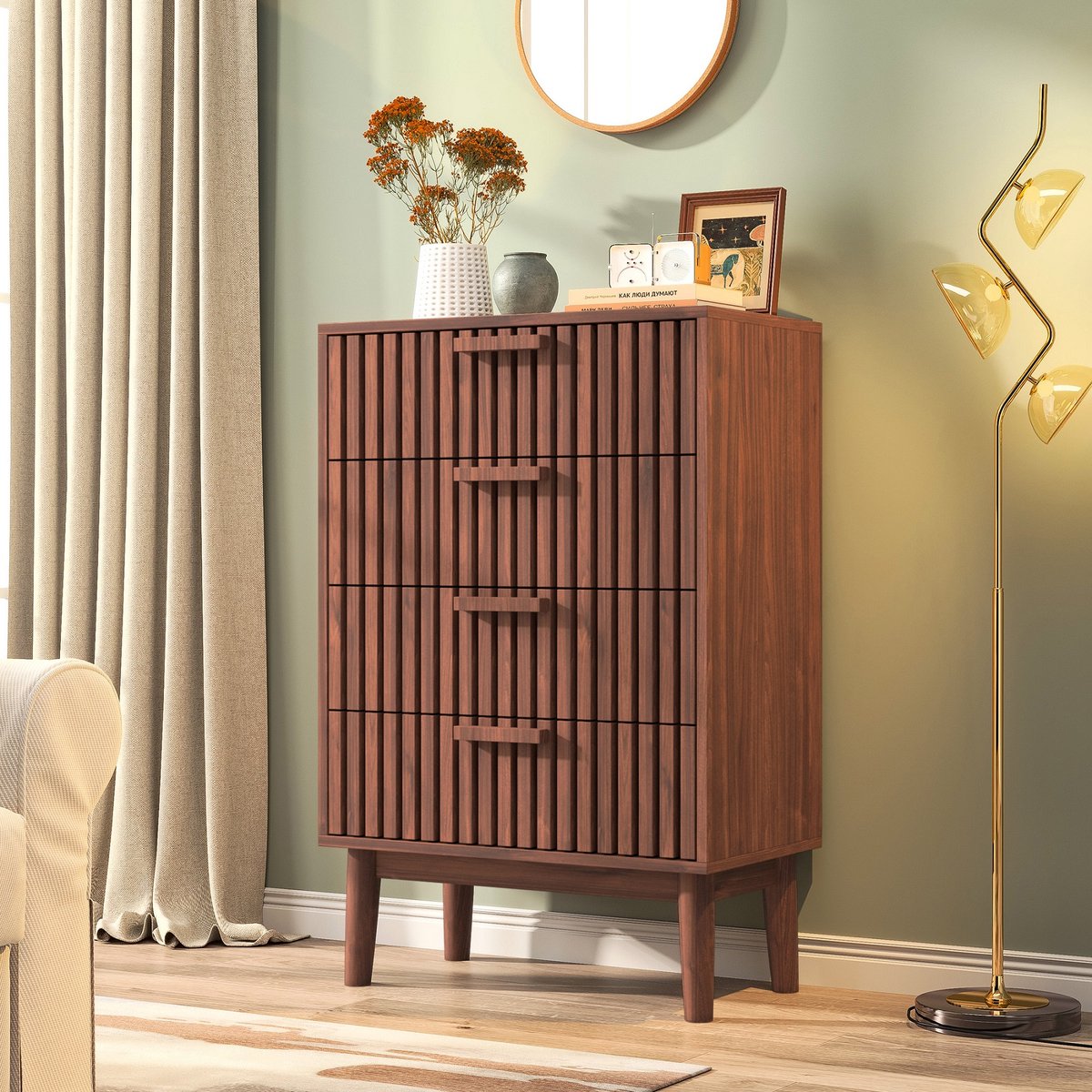 Commode met 4 lades, houten ladekast, opbergkast met lades voor slaapkamer, woonkamer of hal, 60x34x91 cm (bruin, 4 lades)