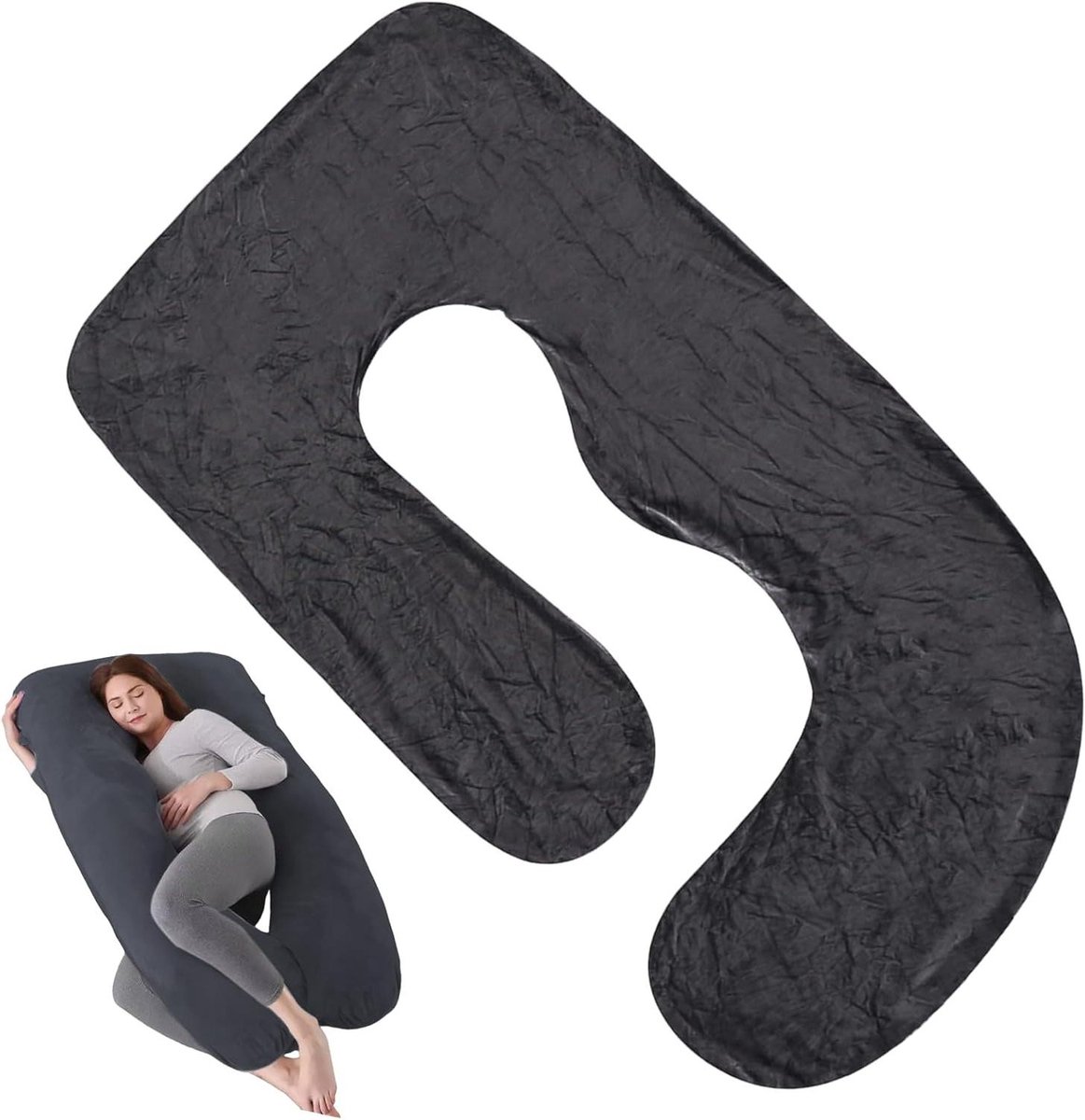 Allecta - Zwangerschapskussen met J-vormige afneembare katoenen hoes - Machinewasbaar - Geschikt voor zijslaapkussen - Vervangende hoes voor volwassenen - Voedingskussen - 150 x 80 cm - Zwart.