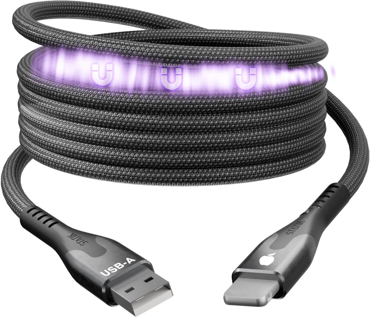 Statik MagStack USB-A naar Lightning Kabel 2m - 27W - 480 Mbps Data Transfer - Magnetisch kabel - Nylon Gevlochten - Zwart