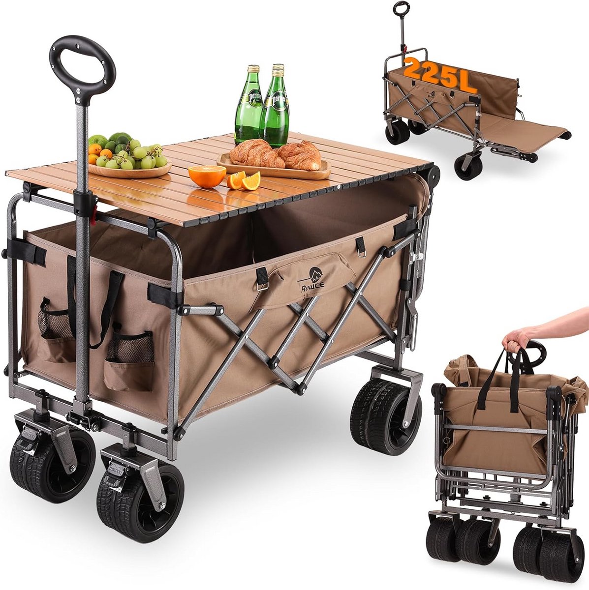 Opvouwbare Bolderwagen met Brede Wielen en Rem, 120KG Transportkar voor Multi-Terrein