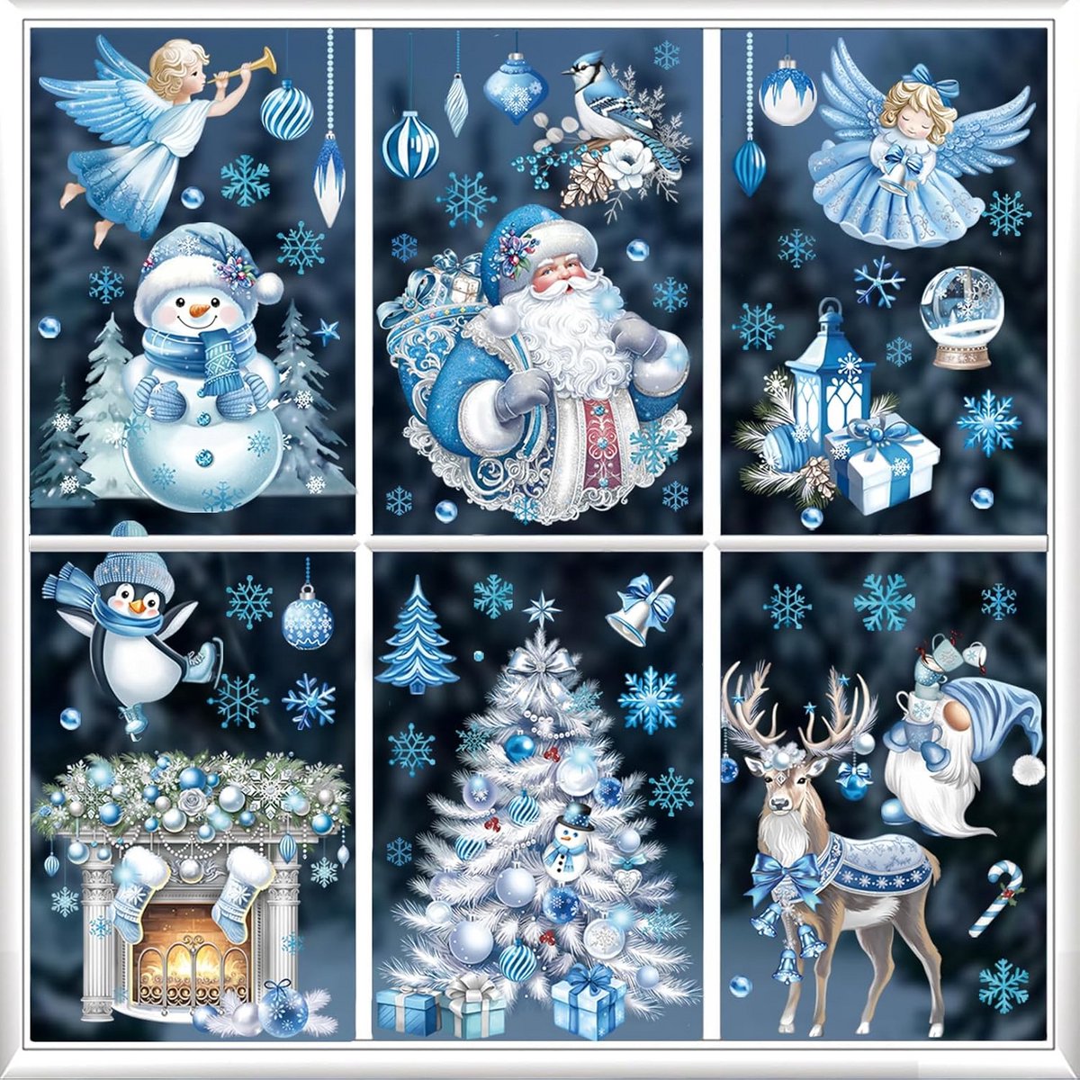 Kerst Raamstickers Blauw Zilver Engel Rendier Glasdecoratie Statische Herbruikbare Sticker