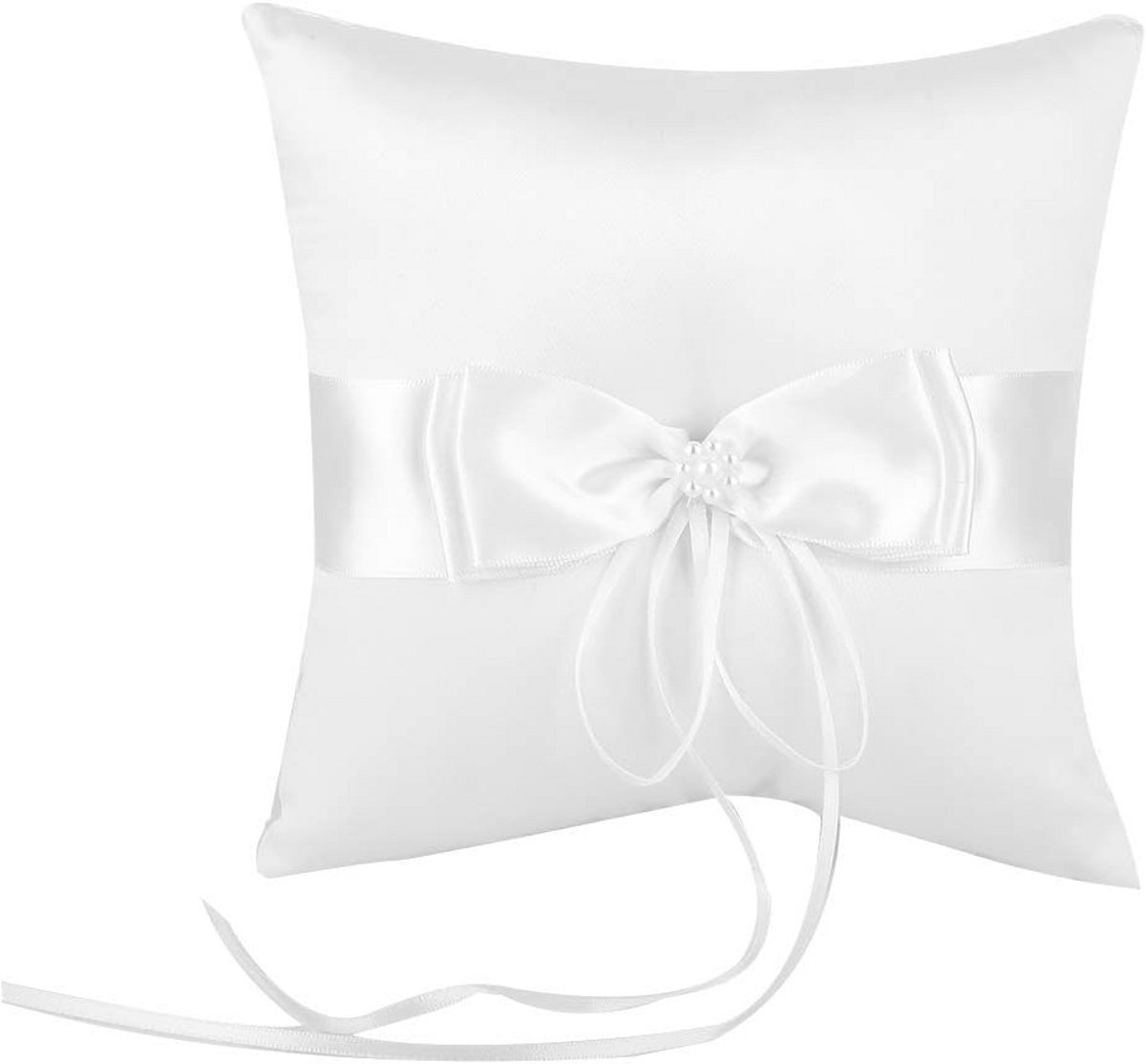 Tyenaza Trouwringkussen, mooie knop bruiloft zakring kussen drager, witte strik, ringdrager kussen houder voor bruiloft accessoires decoratie benodigdheden (15 x 15 cm)